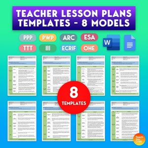 Pode incluir: Oito modelos de planos de aula diferentes para professores. Os modelos são rotulados com siglas como PPP, PWP, ARC, ESA, TTT, III, ECRIF e OHE. Os modelos estão em formato de documento do Word.
