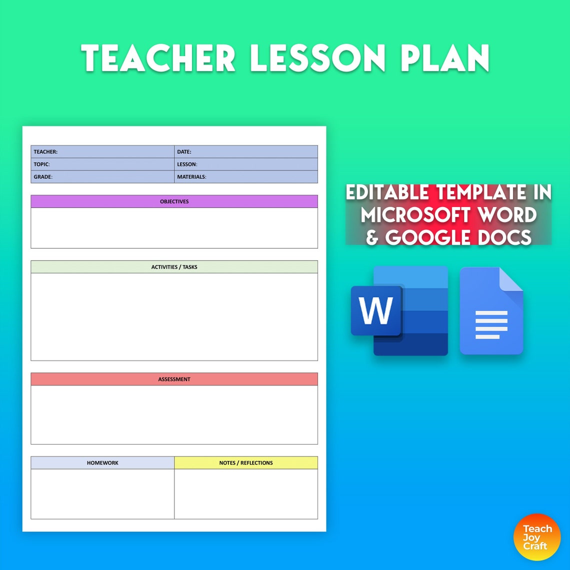 EDITABLE Lesson Plan Template in Google Docs & Microsoft Word, Simple EDITABLE Lesson Plan Template in Google Docs & Microsoft Word, Simple