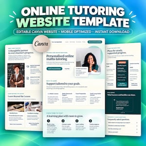 Könnte beinhalten: Eine Online-Nachhilfe-Website-Vorlage für Canva mit einem Layout für personalisierte Mathe-Nachhilfe. Das Design enthält Abschnitte für Lehrerprofile, Unterrichtspläne, Preisgestaltung und Erfahrungsberichte in einer klaren Optik.