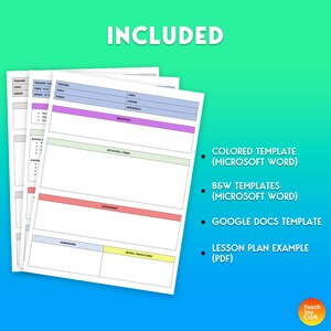 the lesson plan template file includes a colored and black and white versions, link to google docs template and an example for teachers to see how it displays