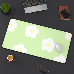 Cozy Gaming Desk Mat, Aesthetic Office Mousepad, Pastel Green White Flowers, Large Mousepad Office Accessory, Office Computer Decor, Simple