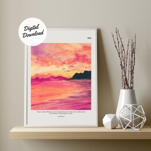 May include: A watercolour painting of a sunset over a body of water with mountains in the background. The quote "Such is my deck. Whatever you've heard about me, times it by a million and if you think that's a lot, times it by a million more." by Louk Koch is printed below the image.