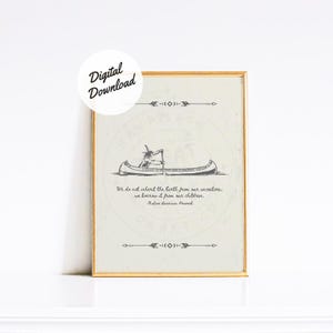 Puede incluir: Una impresión enmarcada con un marco dorado. La impresión presenta una ilustración en blanco y negro de una canoa con una persona remando. El texto dice: "No heredamos la Tierra de nuestros antepasados, la tomamos prestada de nuestros hijos."