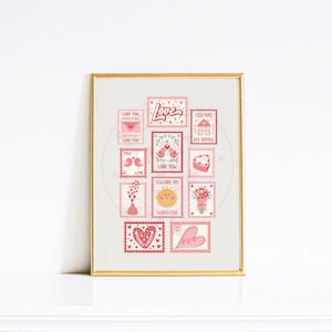 Impresión de sellos de amor / Póster retro del día de San Valentín / Impresión de sellos vintage / Arte de pared con sellos / Póster de sellos / Bonita decoración de pared rosa
