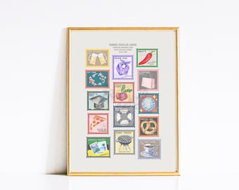 May include: A printable sheet of 16 colorful stamps featuring various images and text related to the popular television show "The Office". The stamps include images of a chili pepper, a graduation cap, a pretzel, a pizza, a grill, and a cup of coffee. The text on the stamps includes phrases like "Prison Mike", "Scott's Tots", "Pretzel Day", "Pizza by Alfredo", "Grilled Turkey", and "The Dundie Awards".