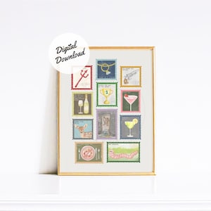 May include: A framed print featuring a collection of colorful postage stamp illustrations. The stamps depict various objects, including a martini, a trophy, and a plate of food. The text "Digital Download" is in a white circle.