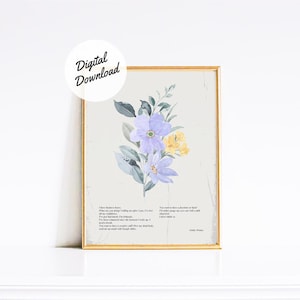 May include: A framed art print featuring a watercolor floral arrangement in shades of purple and yellow. The print includes handwritten text and the words "Digital Download" in a white circle.