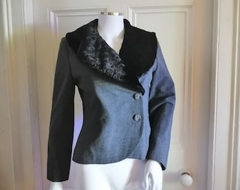 90s Vintage Grey jacket, large black faux fur collar