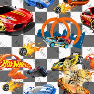 May include: A repeating pattern featuring toy cars in various colours, including red, blue, and yellow. The design incorporates flames, orange loops, and the "Hot Wheels" logo, set against a checkered and grey background.