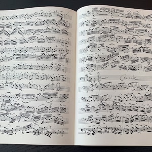 Può includere: Un libro aperto con musica manoscritta. La musica è scritta in inchiostro nero su carta bianca. Il libro è aperto a una pagina con molte note.