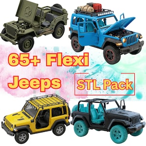 Puede incluir: Cuatro modelos de juguete de Jeeps en verde oliva, azul, amarillo y negro. Los Jeeps tienen detalles, incluyendo capós abiertos y portaequipajes. El texto en la imagen dice "65+ Flexi Jeeps STL Pack."