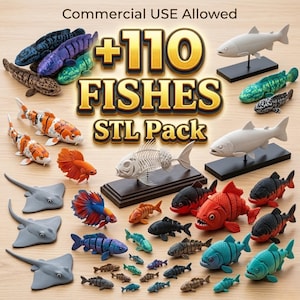 May include: A collection of 110 fish figurines in an STL pack, featuring various species including koi, betta, piranha, and stingrays in diverse colors like orange, blue, green, and grey, with some mounted on black stands and one fish skeleton.