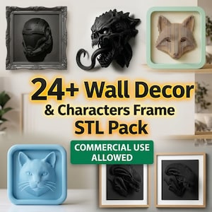 Op de afbeelding: Een verzameling wanddecoraties en karakterframes, waaronder een zwarte helm met lijst, een zwarte monsterkop, een houten vossenkop en een blauwe kattenkop. De afbeelding bevat ook de tekst "24+ Wall Decor & Characters Frame STL Pack" en "COMMERCIAL USE ALLOWED."
