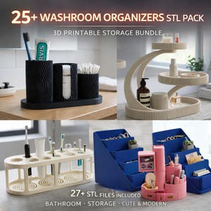 Op de afbeelding: Afbeelding met een collectie 3D-geprinte badkamer organizers in diverse ontwerpen en kleuren. De afbeelding toont zwarte tandenborstelhouders, een beige gelaagde plank, een witte tandenborstelstandaard en blauwe en roze organizers. De tekst luidt "25+ WASHROOM ORGANIZERS STL PACK".