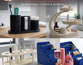 25+ toiletopbergers STL-pakket | Geribbelde toilettafel met 3D-printbundel | Tandenborstelhouder Katoenen pot Make-upbakje Commercieel gebruik