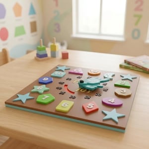 May include: A square wooden educational board featuring colourful geometric shapes and numbers from 1 to 12 arranged in a circle. The centre displays the word JOY in gold lettering with a teal bird-shaped pointer and a curved red slot.