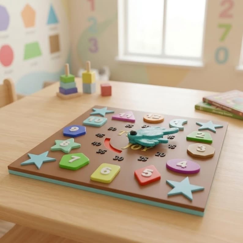 May include: A square wooden educational board featuring colourful geometric shapes and numbers from 1 to 12 arranged in a circle. The centre displays the word JOY in gold lettering with a teal bird-shaped pointer and a curved red slot.