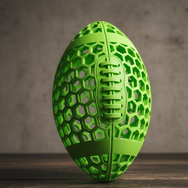 May include: A bright green football with a unique honeycomb design. The ball features a traditional stitched leather panel down the center. The open design creates a modern, geometric aesthetic. The football is displayed on a wooden surface.