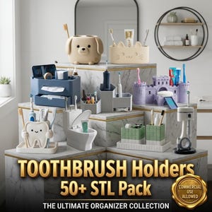 May include: A collection of various toothbrush holders including a beige dog, a cat, a blue organiser with a drawer, a purple castle, a white tooth-shaped holder, a toilet-shaped holder, green grid containers, and a mechanical piston-style stand.