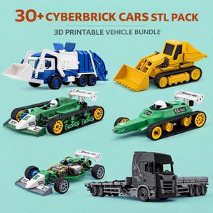 Puede incluir: Una colección de vehículos de juguete imprimibles en 3D, que incluye un camión de basura azul y blanco, una excavadora amarilla, coches de carreras verdes y un camión de plataforma gris. El texto "30+ CYBERBRICK CARS STL PACK" y "3D PRINTABLE VEHICLE BUNDLE" está incluido.