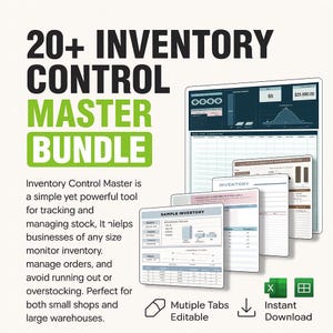 May include: An image advertising an inventory control master bundle. The text reads "20+ Inventory Control Master Bundle." The image shows sample inventory sheets and a digital display with data. The text mentions the tool helps manage stock and avoid overstocking.