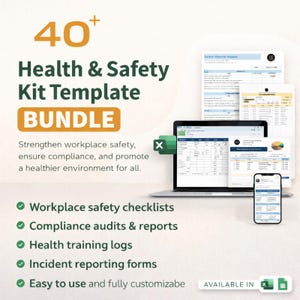 May include: A promotional image for a health and safety kit template bundle. The image features a laptop, smartphone, and several printed documents. Text includes "Health & Safety Kit Template BUNDLE" and bullet points listing features like checklists and reporting forms.