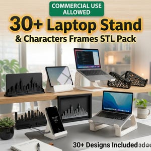 Paquete de más de 30 soportes para portátiles en formato STL / Soporte de escritorio con silueta de ciudad imprimible en 3D / Soporte premium para teléfono y tableta con marco de personajes para uso comercial
