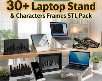 Zestaw 30+ podstawek do laptopa STL | Uchwyt biurkowy z panoramą miasta do druku 3D | Zestaw premium ze stojakiem na telefon i tablet oraz ramką do użytku komercyjnego