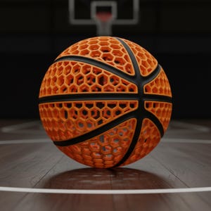 May include: An orange basketball with a unique honeycomb design. The ball features black lines and a hollow interior, creating a distinctive visual texture. The basketball is on a wooden court with a white line, with a blurred basketball hoop in the background.