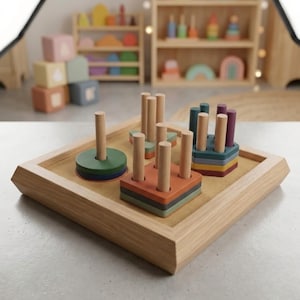 May include: A wooden sorting board featuring a square base with multiple vertical pegs. The set includes various geometric shapes in muted tones of green, blue, orange, and purple that stack onto the pegs, designed for shape and color recognition.