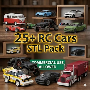 May include: A collection of miniature RC cars, including a red VW bus, a blue sports car, and a green sedan, displayed on wooden shelves. The image includes the text "25+ RC Cars STL Pack" and "Commercial Use Allowed".