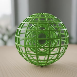 May include: A green, spherical, cage-like object with an inner sphere, set on a light-colored wooden surface. The outer sphere is constructed of intersecting lines, creating a grid pattern. The inner sphere has a similar design, with a more intricate pattern.