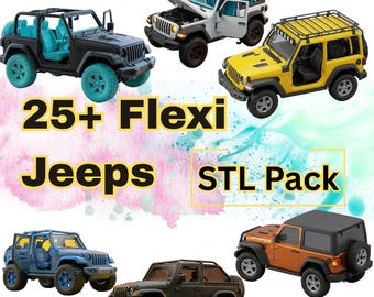 Pakiet 25+ Flexi Jeep STL | Ruchomy, przegubowy Jeep terenowy Fidget 3D do druku | Modele zabawek Wrangler Adventure do druku, do użytku komercyjnego