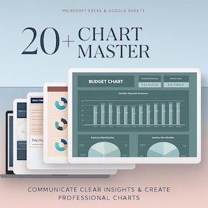以下が含まれることがあります： グラフや図を表示する複数のタブレットを示すデジタルグラフィック。テキストは「20+ Chart Master」と「明確な洞察を伝え、プロフェッショナルなグラフを作成する」と表示されています。グラフには予算と財務データが含まれています。