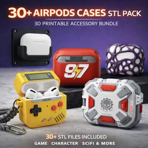 May include: Collection of 3D-printed AirPod cases in various designs. Includes a yellow Game Boy-style case, a red case with the number 97, a white and purple patterned case, a gray and red tech-themed case, and a black wall mount.