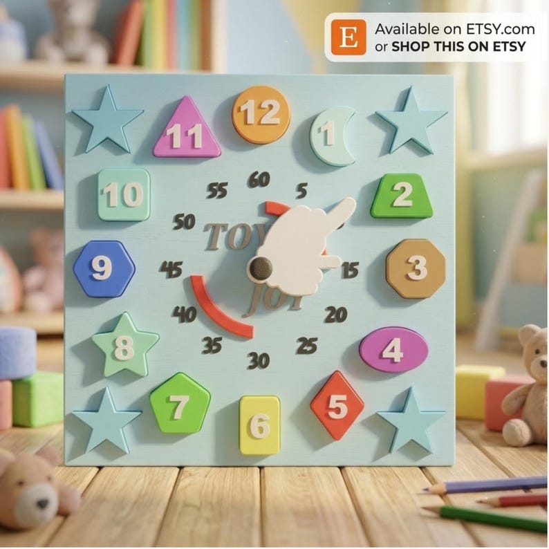 May include: A square light blue wooden clock toy featuring colourful geometric shapes as hour markers labelled 1 through 12. The clock face displays black minute increments from 5 to 60, a central white rabbit-shaped hand, and a red curved arc.