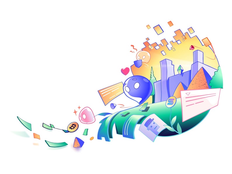 Op de afbeelding: Een kleurrijke illustratie van een stadsbeeld met gebouwen, bomen en een Bitcoin-symbool. De illustratie is omgeven door een groene, blauwe en gele werveling.