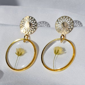 Handmade Gypsophila Resin Earrings, White / Orange Flower Dangle Earrings, Baby&#39;s Breath Resin Earrings, Wedding Jewelry, Bridesmaid Jewelry