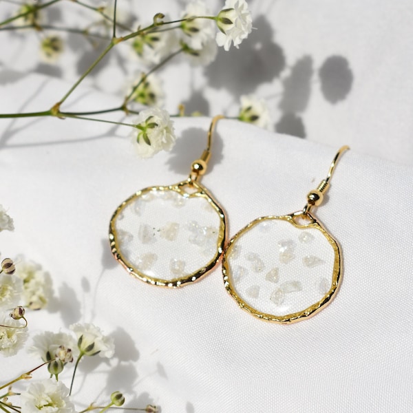 Handmade Gold Shimmer Resin Earrings, Gold Circle Dangle Earrings, Resin Earrings, Minimalist Earrings