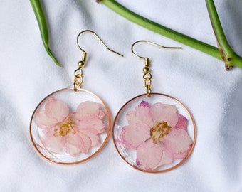 Handmade Pink Statement Earrings, Round Floral Resin Earrings, Stylish Pink Dangle Earrings, Bohemian Earrings, Gift for her
