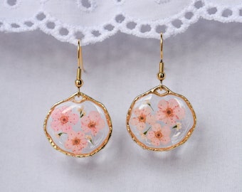 Handmade 'Forget-Me-Not' Floral Resin Earrings, Pink Flower Resin Earrings, Dried Flower Earrings, Gold Flower Earrings, Bridesmaid Gift