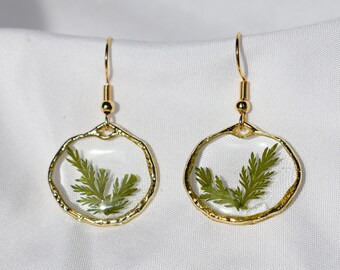 Handmade Dried Fern Resin Earrings, Greenery Gold Dangle Earrings, Boho Resin Earrings, Nature Inspired Jewelry, Fern Jewelry