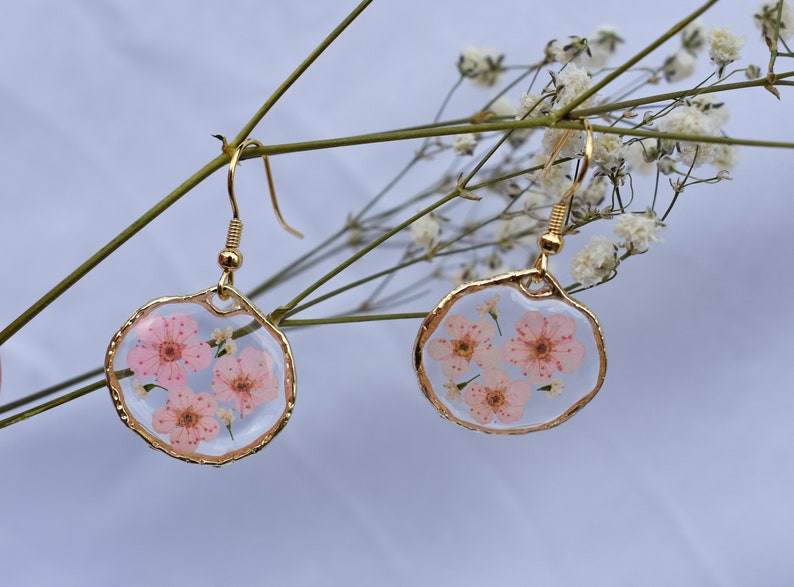 Handmade 'Forget-Me-Not' Floral Resin Earrings, Pink Flower Resin Earrings, Dried Flower Earrings, Gold Flower Earrings, Bridesmaid Gift image 2