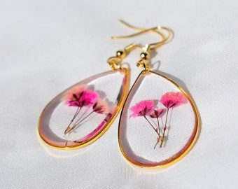 Handmade Pink Floral Teardrop Earrings, Dried Pink Flower Earrings, Gold Teardrop Jewelry, Baby's Breath, Gift for Mom, Bridesmaid Gifts