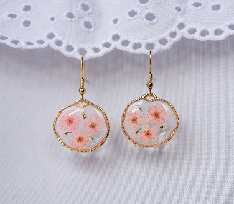 Handmade 'Forget-Me-Not' Floral Resin Earrings, Pink Flower Resin Earrings, Dried Flower Earrings, Gold Flower Earrings, Bridesmaid Gift image 1