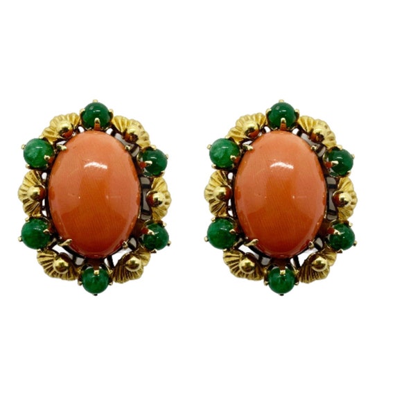 18k Yellow Gold Cabochon Coral and Emerald Earring