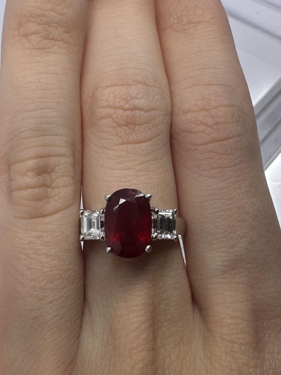 18k Diamond and African Ruby Three Stone Ring - image 6