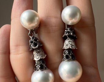 18K White Gold Pearl Drop Earrings with Black & White Diamonds | Bridal Statement Jewelry