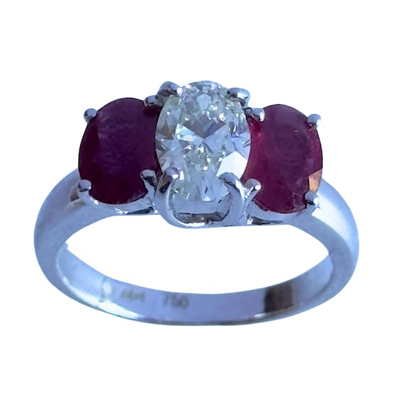 18k Diamond and Ruby Three Stone Ring - image 1