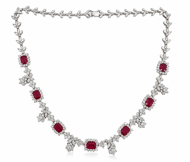 18k White Gold Diamond and Ruby Choker Necklace - 15 Inches